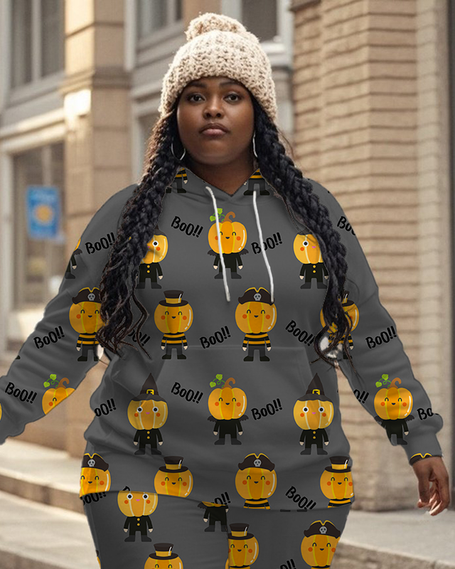 Women's Plus Size Halloween Graffiti Hoodie Set