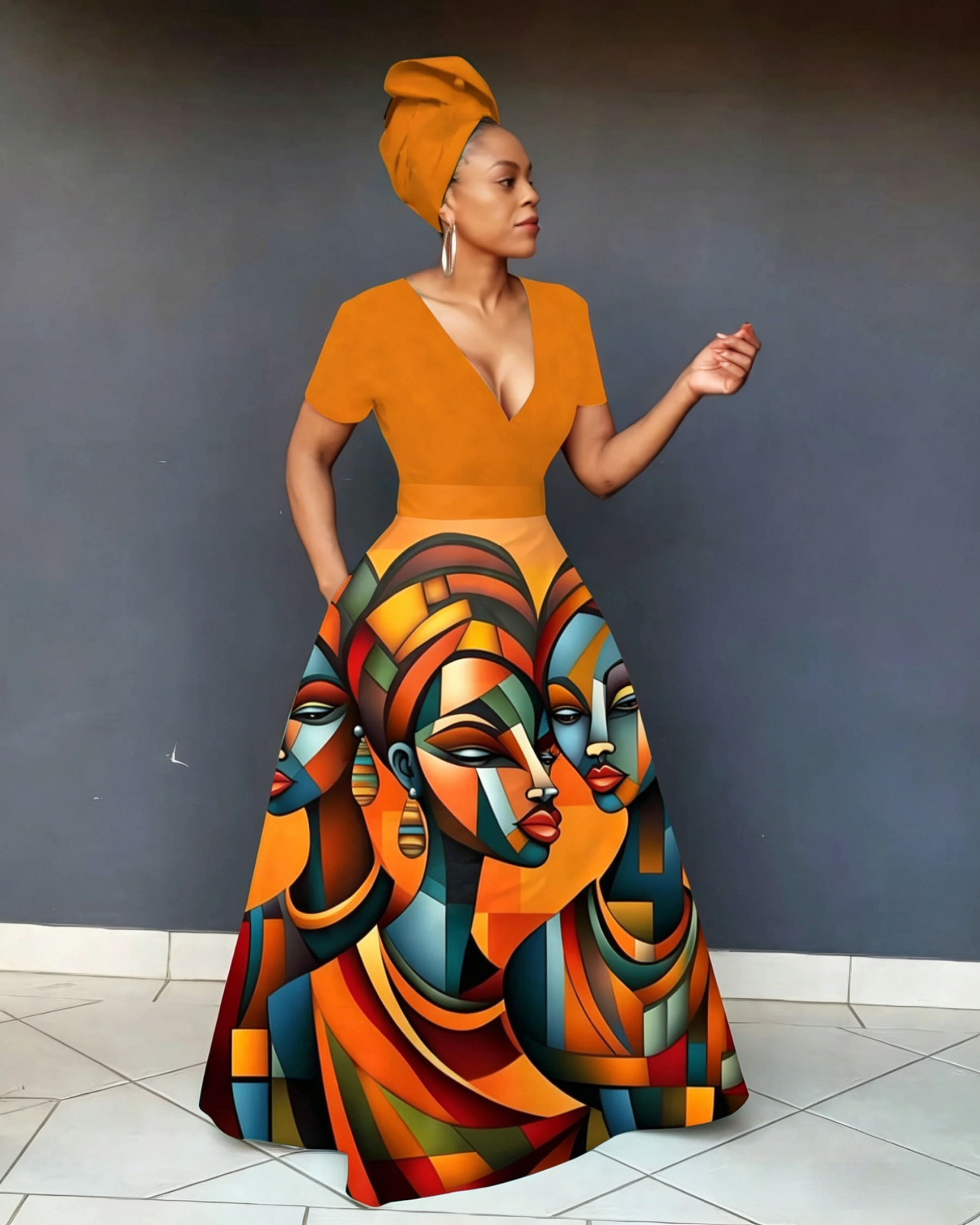 V Neck Striped Africa Map Print Short Sleeve Maxi Dress