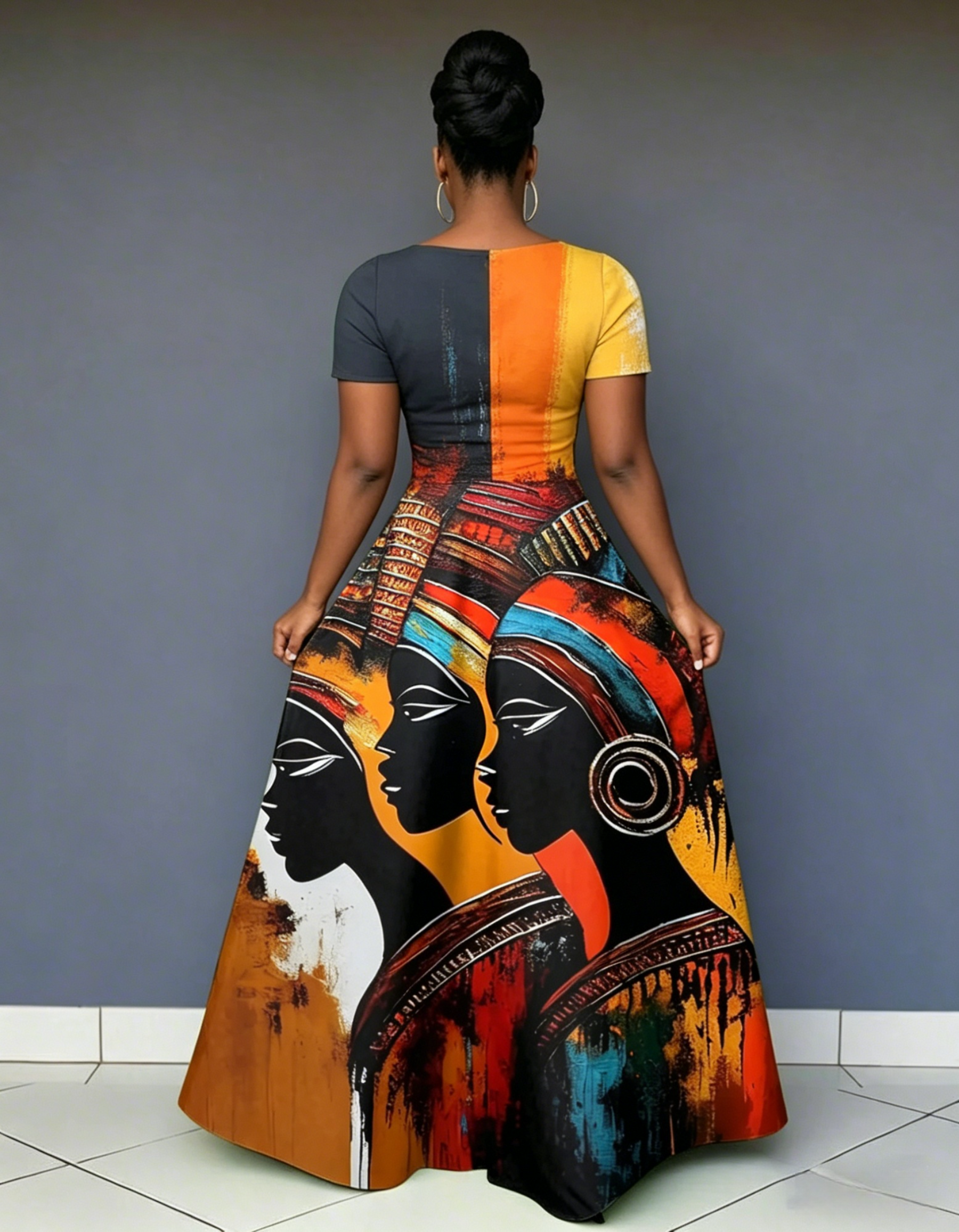 V Neck Retro Tribal Contrast Print Short Sleeve Maxi Dress