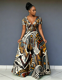 V Neck African Abstract Art Short Sleeve Maxi Dress