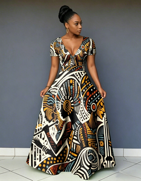 V Neck African Abstract Art Short Sleeve Maxi Dress