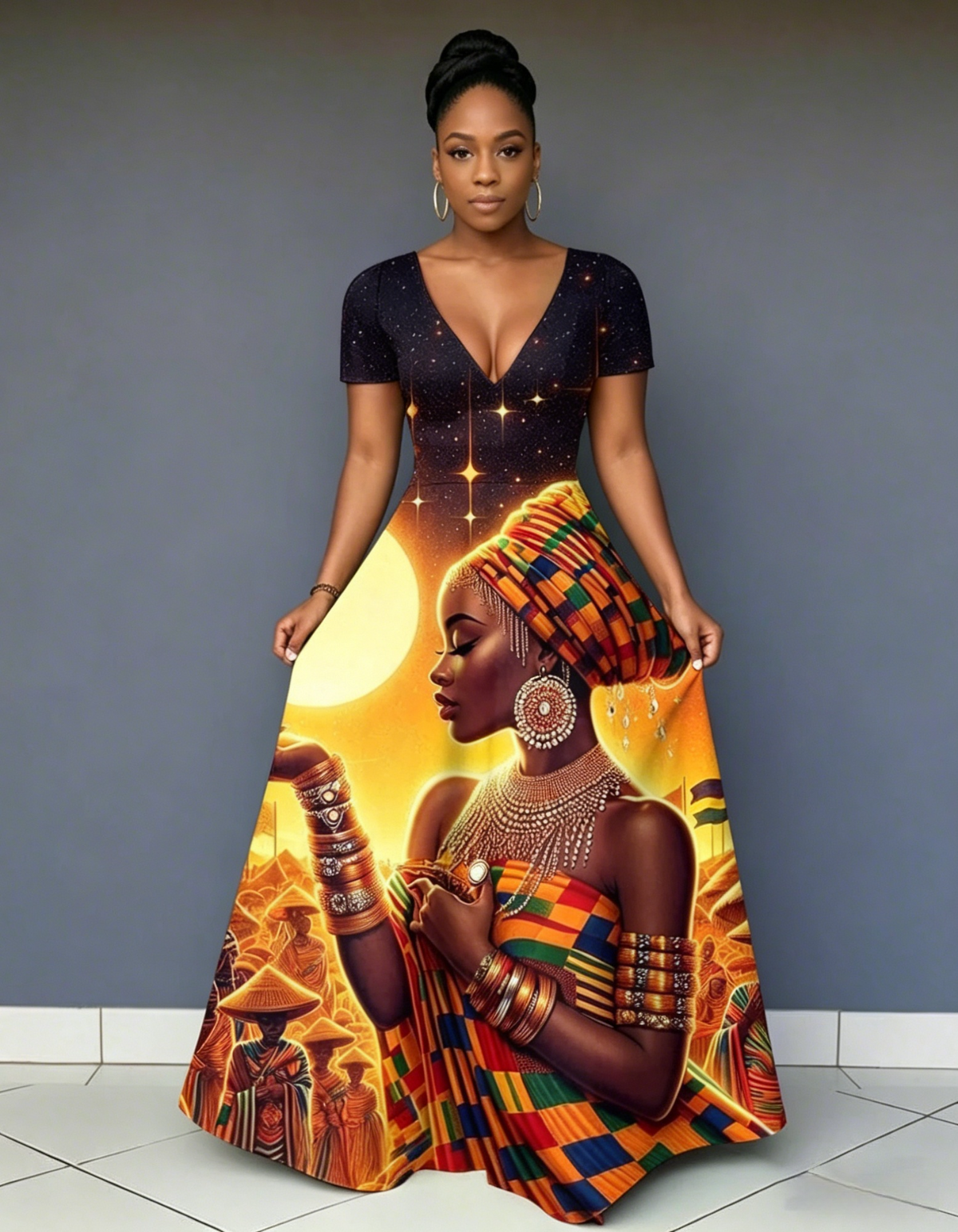 V Neck African Women's Art Short Sleeve Maxi Dress