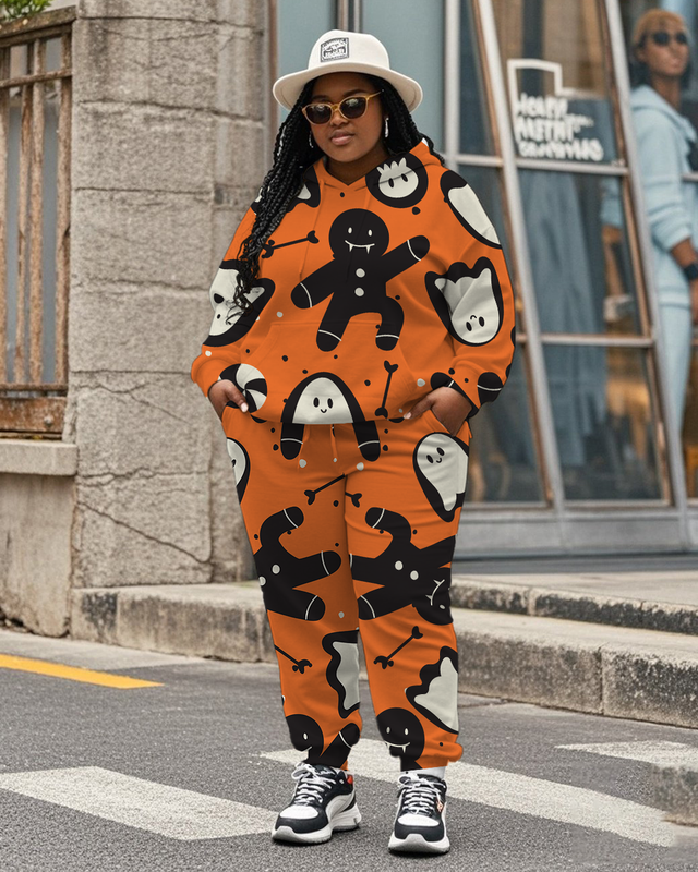 Women's Plus Size Halloween Graffiti Hoodie Set