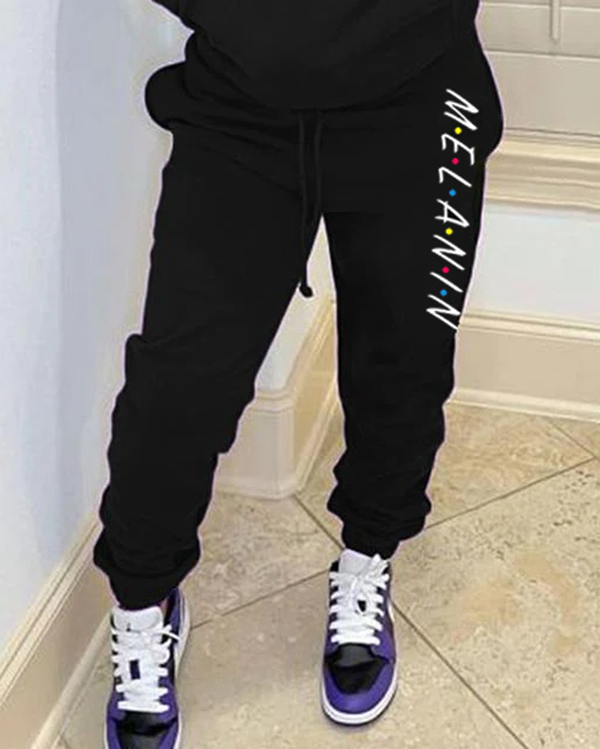 Hooded Black Letter Contrasting Color Head Print Ladies Sweater Set