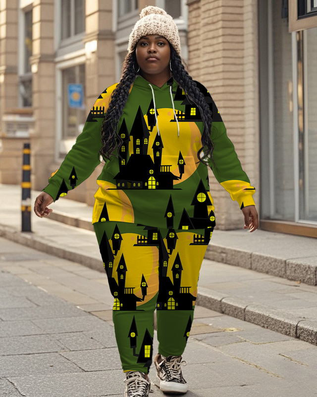 Women's Plus Size Halloween Graffiti Hoodie Set
