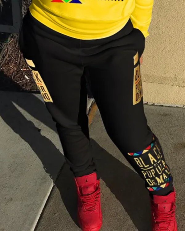 Black Popular Print Hooded Long Sleeve Two Pieces