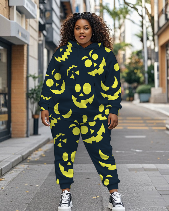 Women's Plus Size Halloween Graffiti Hoodie Set