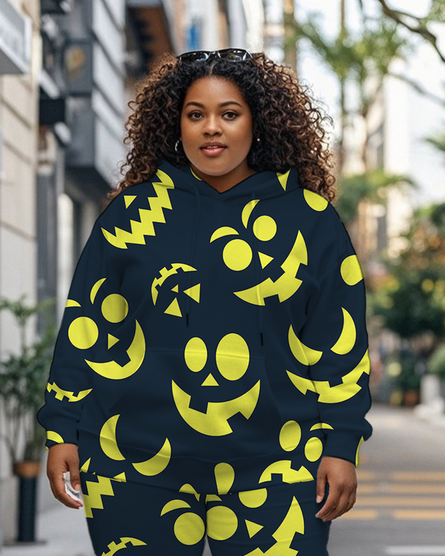 Women's Plus Size Halloween Graffiti Hoodie Set
