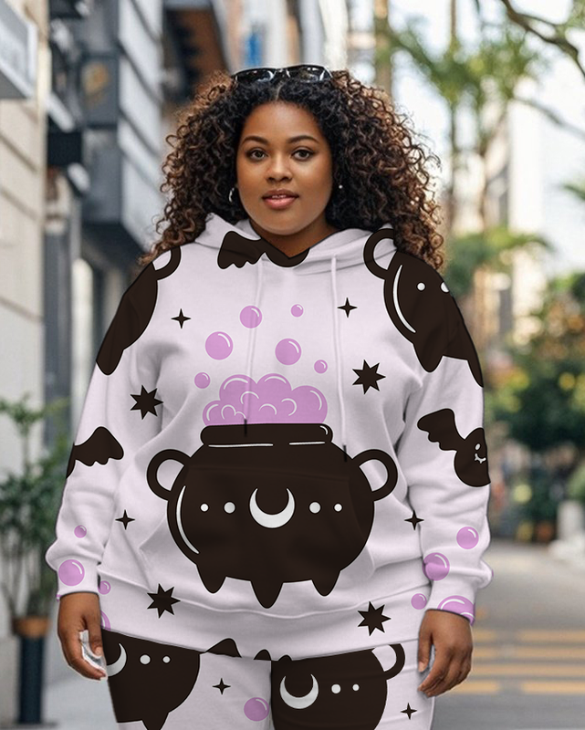 Women's Plus Size Halloween Graffiti Hoodie Set