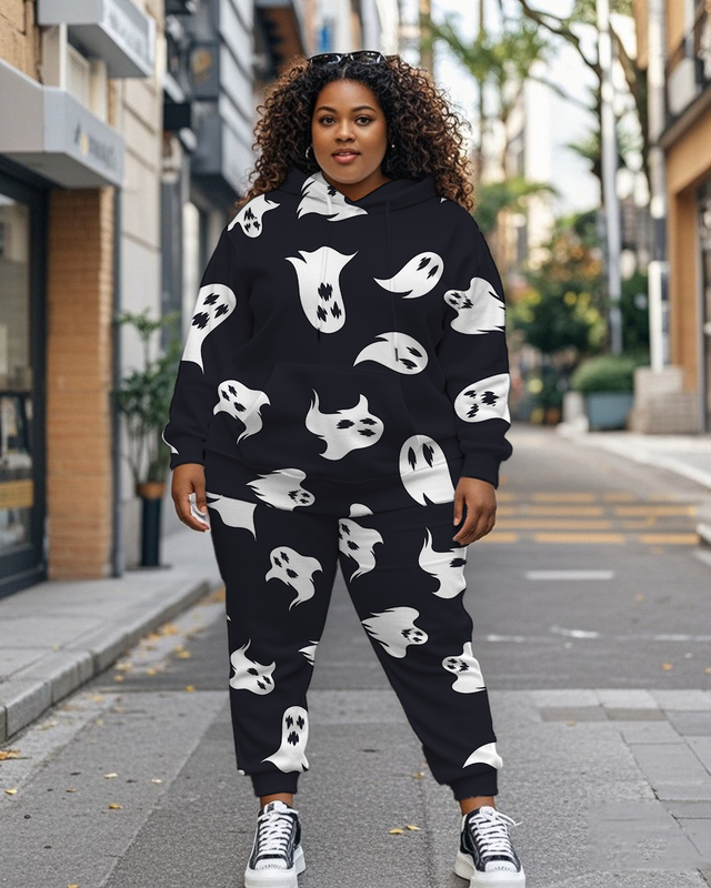 Women's Plus Size Halloween Graffiti Hoodie Set