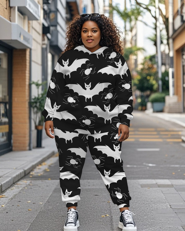 Women's Plus Size Halloween Graffiti Hoodie Set