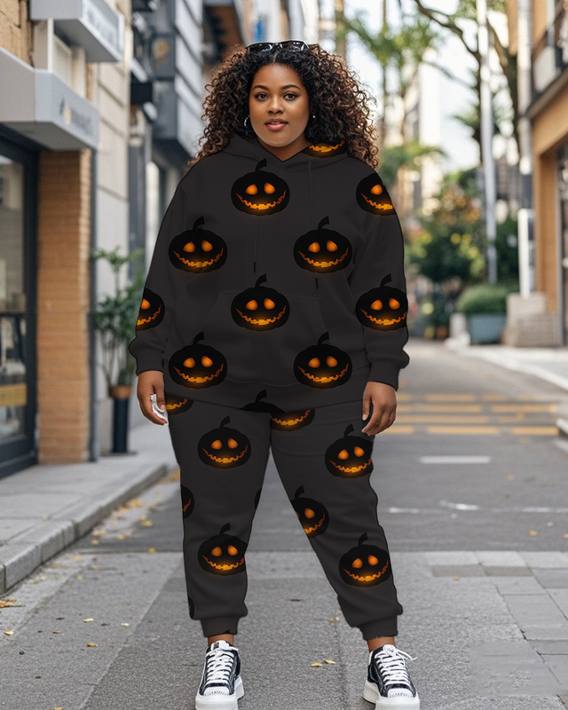 Women's Plus Size Halloween Graffiti Hoodie Set