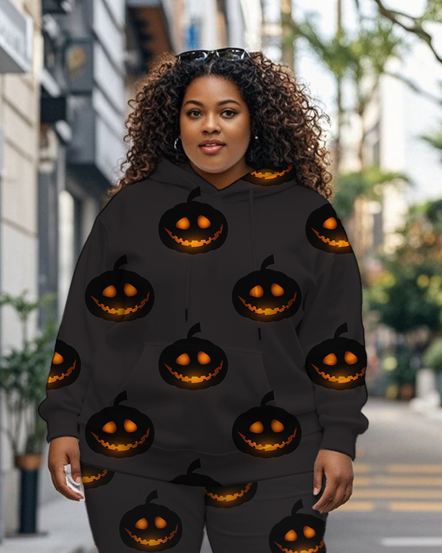 Women's Plus Size Halloween Graffiti Hoodie Set