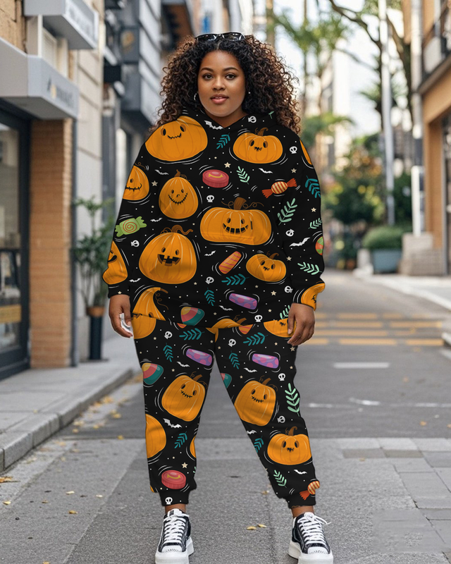 Women's Plus Size Halloween Graffiti Hoodie Set