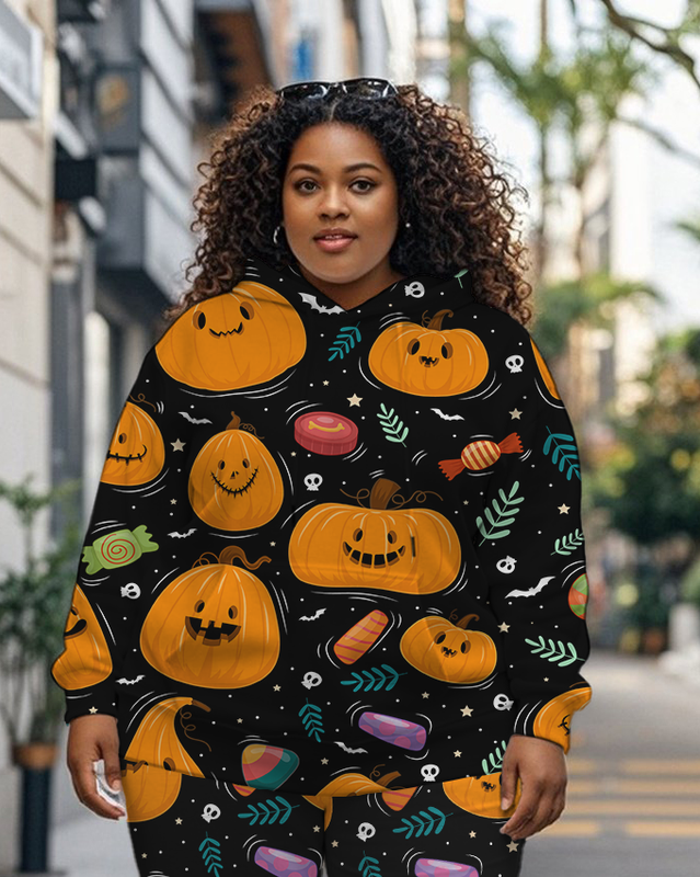 Women's Plus Size Halloween Graffiti Hoodie Set