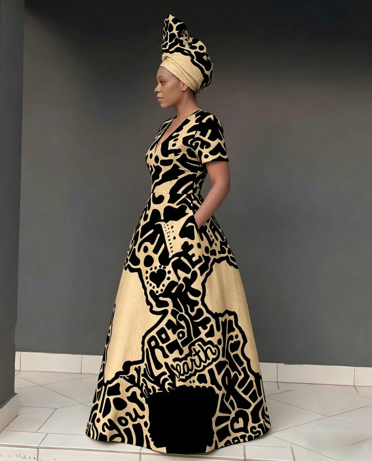 V Neck Striped Africa Map Print Short Sleeve Maxi Dress
