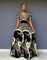 V Neck African Woman Canvas Short Sleeve Maxi Dress
