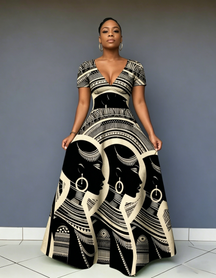 V Neck African Woman Canvas Short Sleeve Maxi Dress