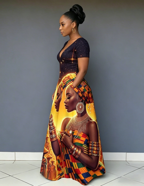 V Neck African Women's Art Short Sleeve Maxi Dress