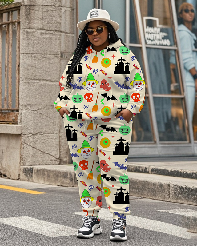 Women's Plus Size Halloween Graffiti Hoodie Set