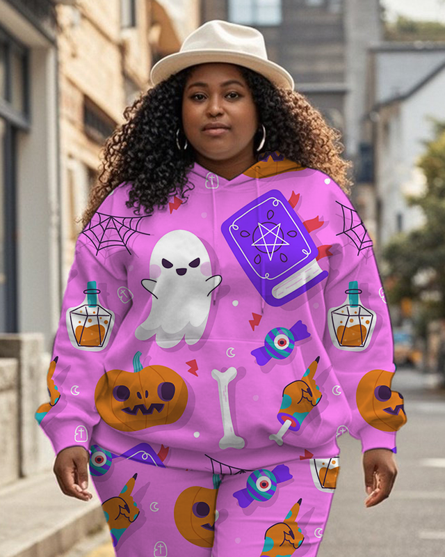 Women's Plus Size Halloween Graffiti Hoodie Set