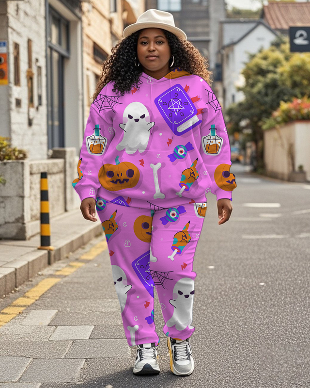 Women's Plus Size Halloween Graffiti Hoodie Set