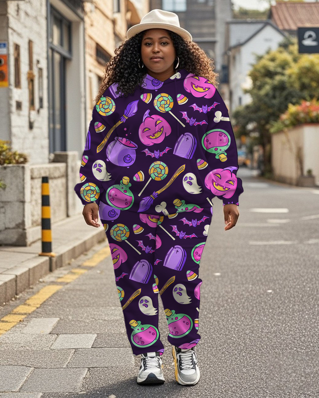 Women's Plus Size Halloween Graffiti Hoodie Set