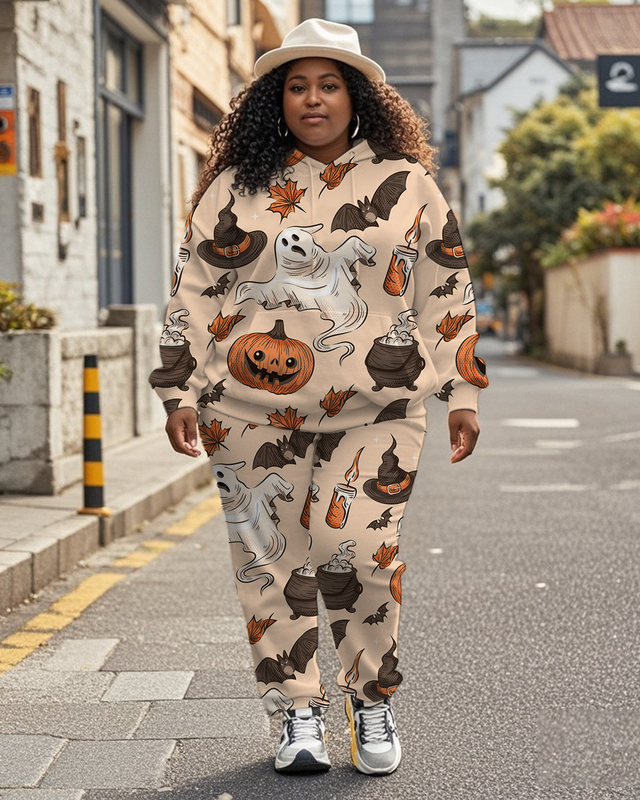 Women's Plus Size Halloween Graffiti Hoodie Set