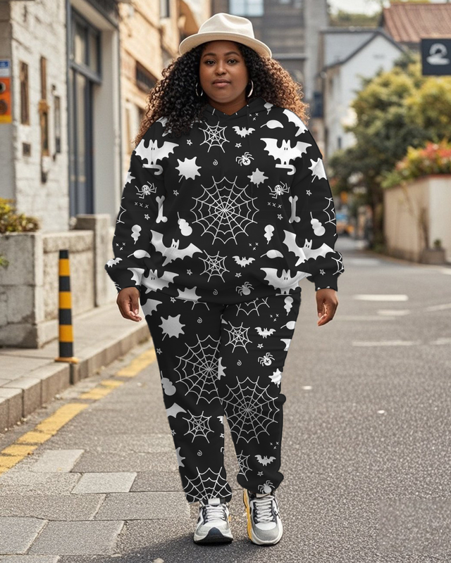 Women's Plus Size Halloween Graffiti Hoodie Set