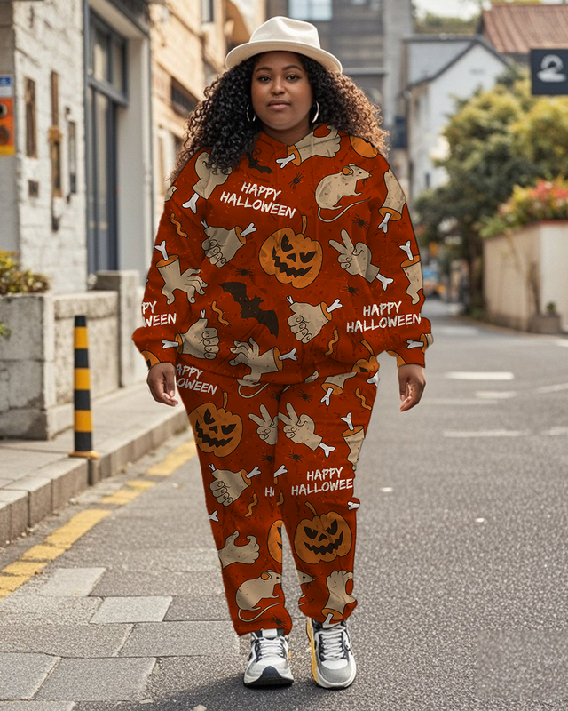 Women's Plus Size Halloween Graffiti Hoodie Set