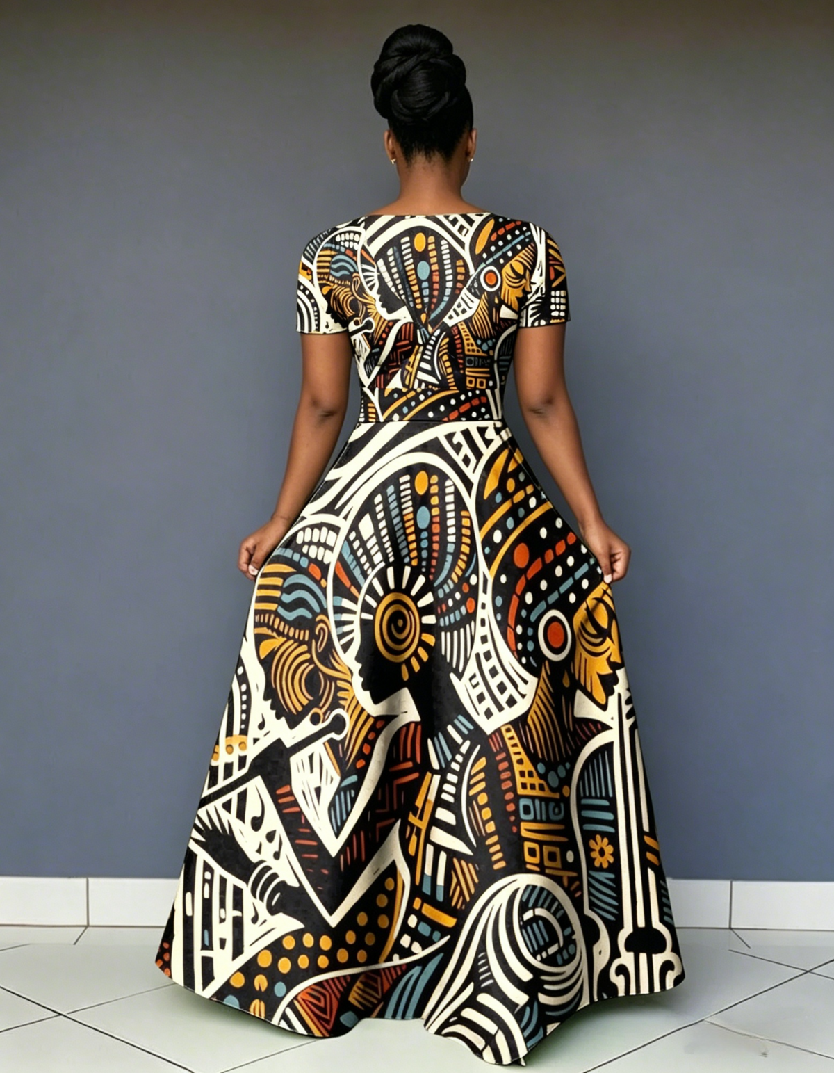 V Neck African Abstract Art Short Sleeve Maxi Dress