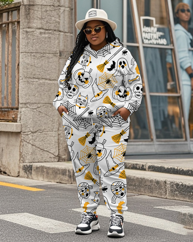 Women's Plus Size Halloween Graffiti Hoodie Set