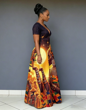 V Neck African Women's Art Short Sleeve Maxi Dress