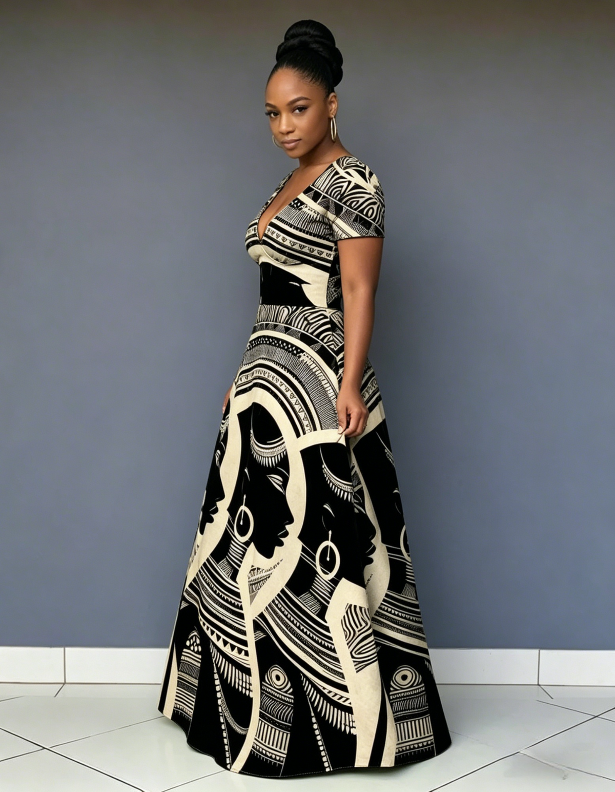 V Neck African Woman Canvas Short Sleeve Maxi Dress
