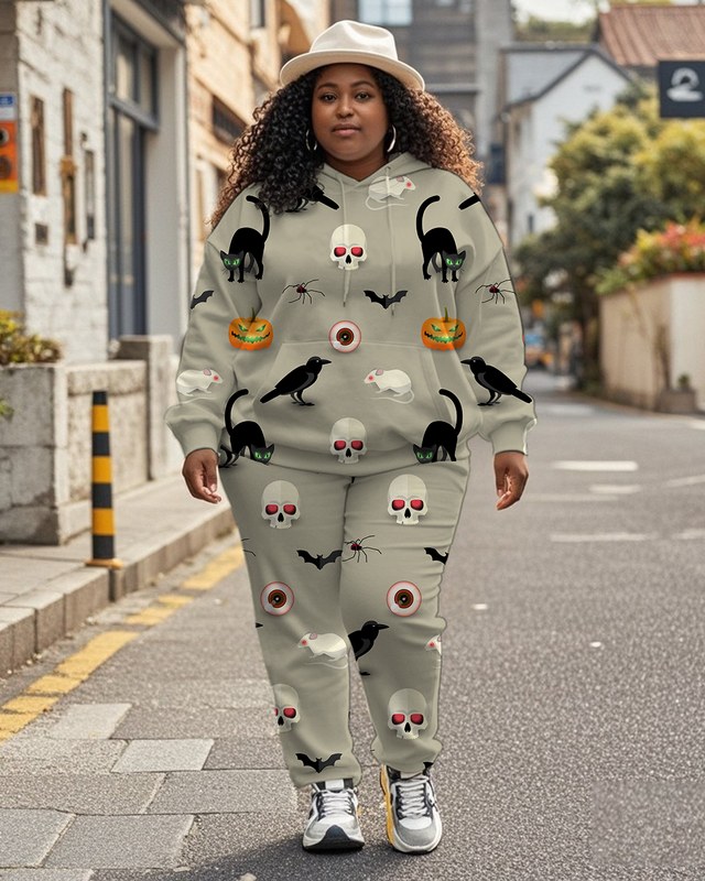 Women's Plus Size Halloween Graffiti Hoodie Set