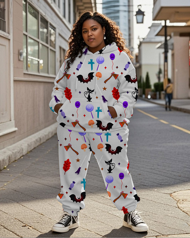 Women's Plus Size Halloween Graffiti Hoodie Set