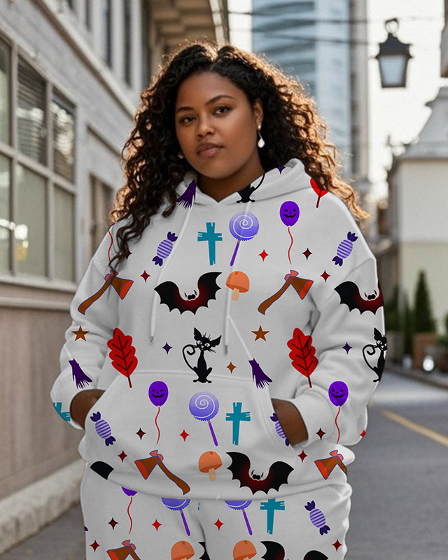 Women's Plus Size Halloween Graffiti Hoodie Set