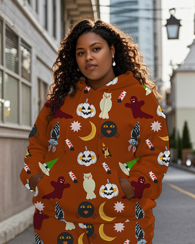 Women's Plus Size Halloween Graffiti Hoodie Set
