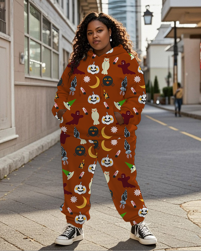 Women's Plus Size Halloween Graffiti Hoodie Set