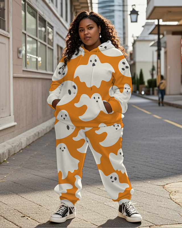 Women's Plus Size Halloween Graffiti Hoodie Set