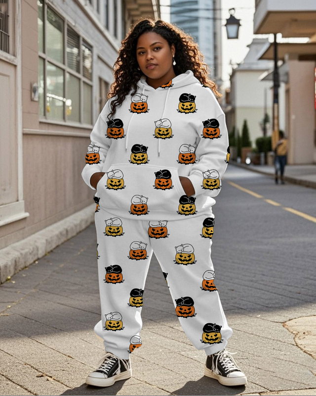 Women's Plus Size Halloween Graffiti Hoodie Set