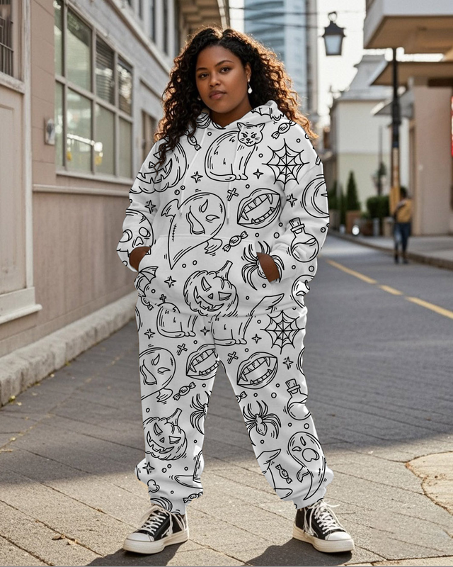 Women's Plus Size Halloween Graffiti Hoodie Set