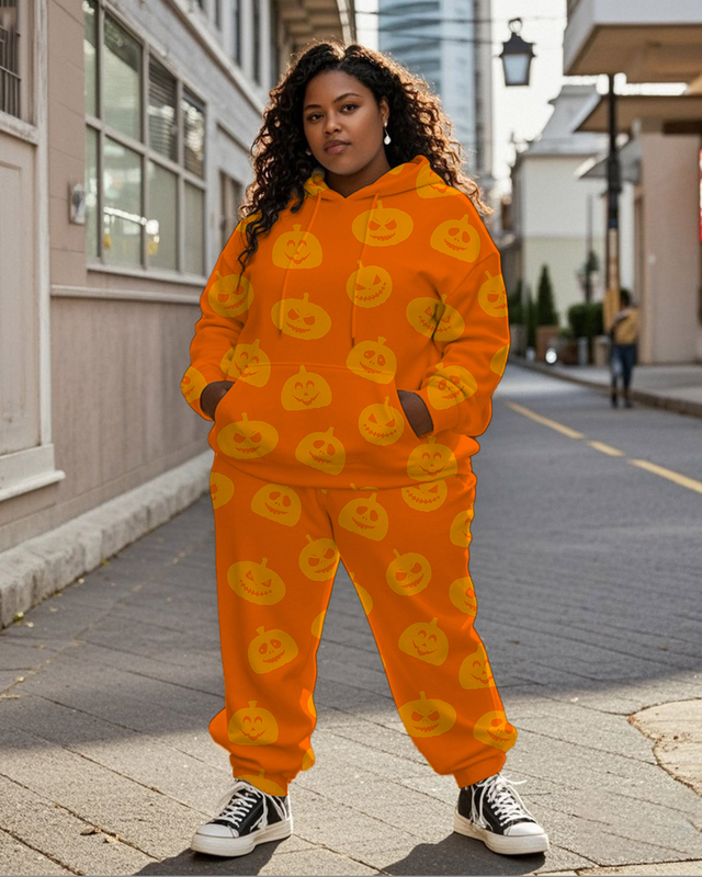 Women's Plus Size Halloween Graffiti Hoodie Set