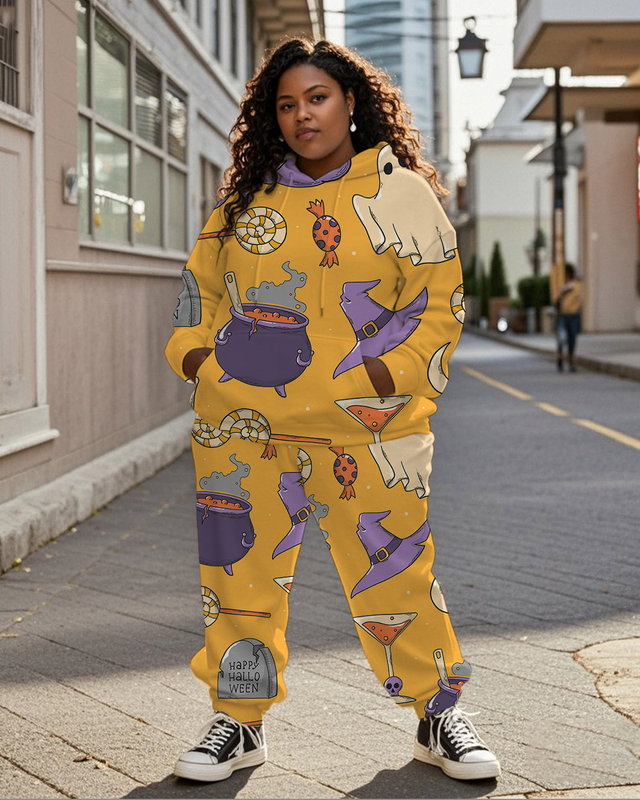Women's Plus Size Halloween Graffiti Hoodie Set