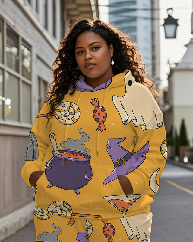 Women's Plus Size Halloween Graffiti Hoodie Set