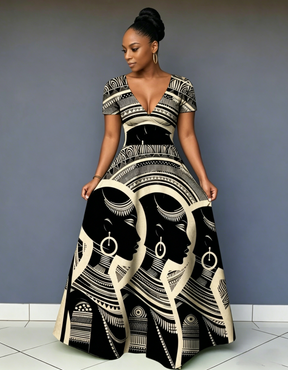 V Neck African Woman Canvas Short Sleeve Maxi Dress