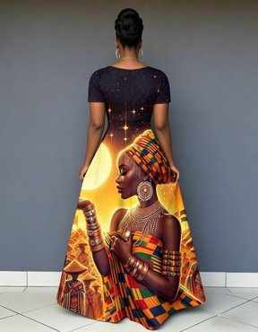 V Neck African Women's Art Short Sleeve Maxi Dress