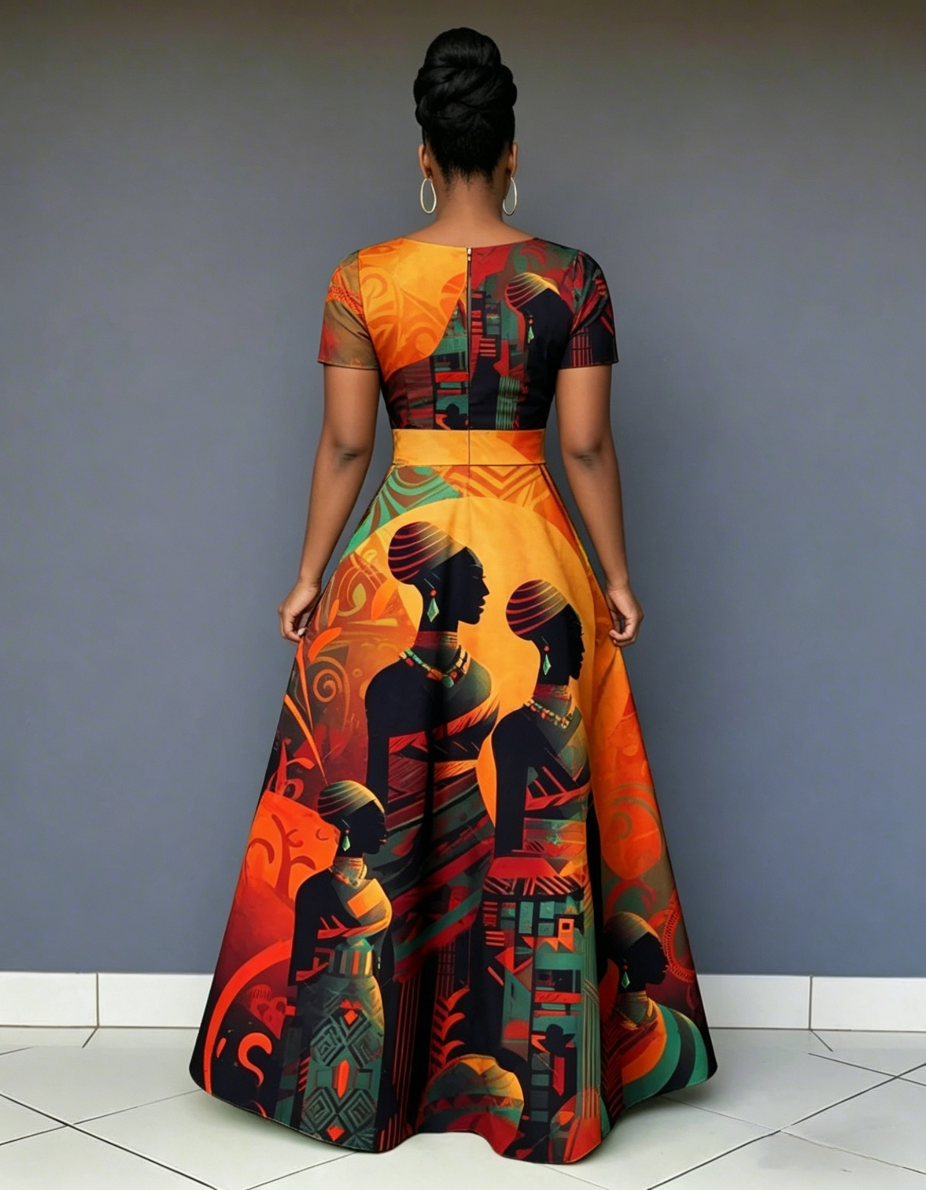 V Neck Beautiful African Woman Short Sleeve Maxi Dress