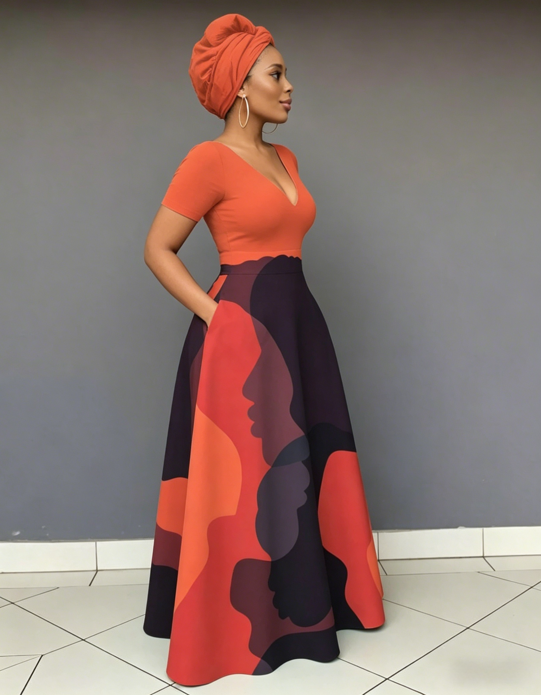 V Neck Face Line Art Short Sleeve Maxi Dress