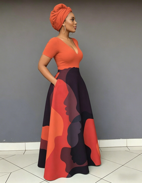 V Neck Face Line Art Short Sleeve Maxi Dress